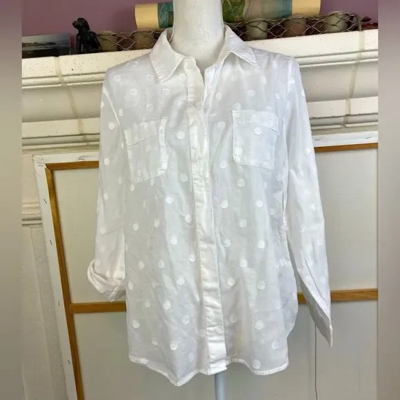 Chicos White Polka Dot embroidered on white background Button-Up Shirt (2) - Picture 2 of 13